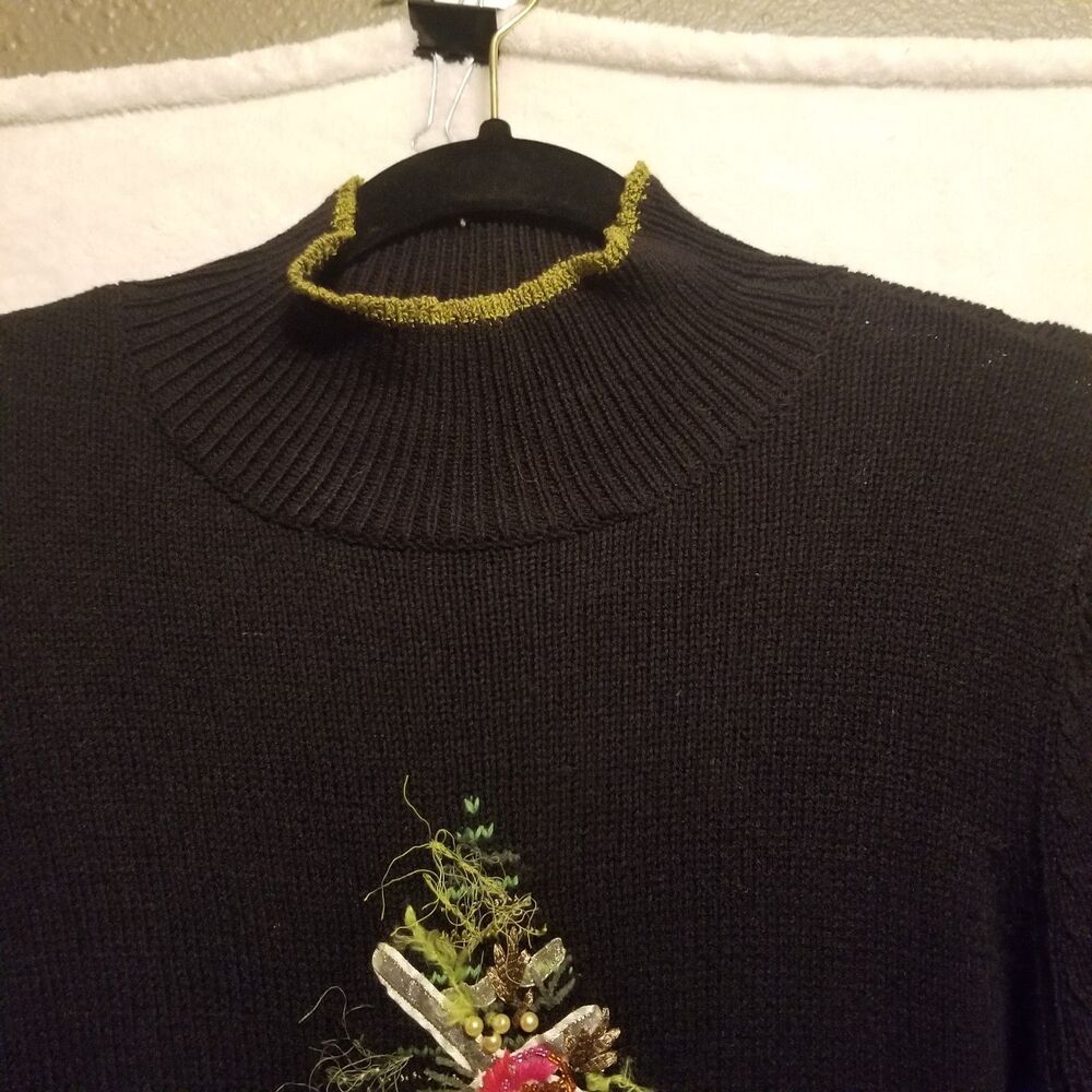 Talbots S Sweater Black Green Cotton Blend Holiday Christmas Tree Vintage - Picture 3 of 10